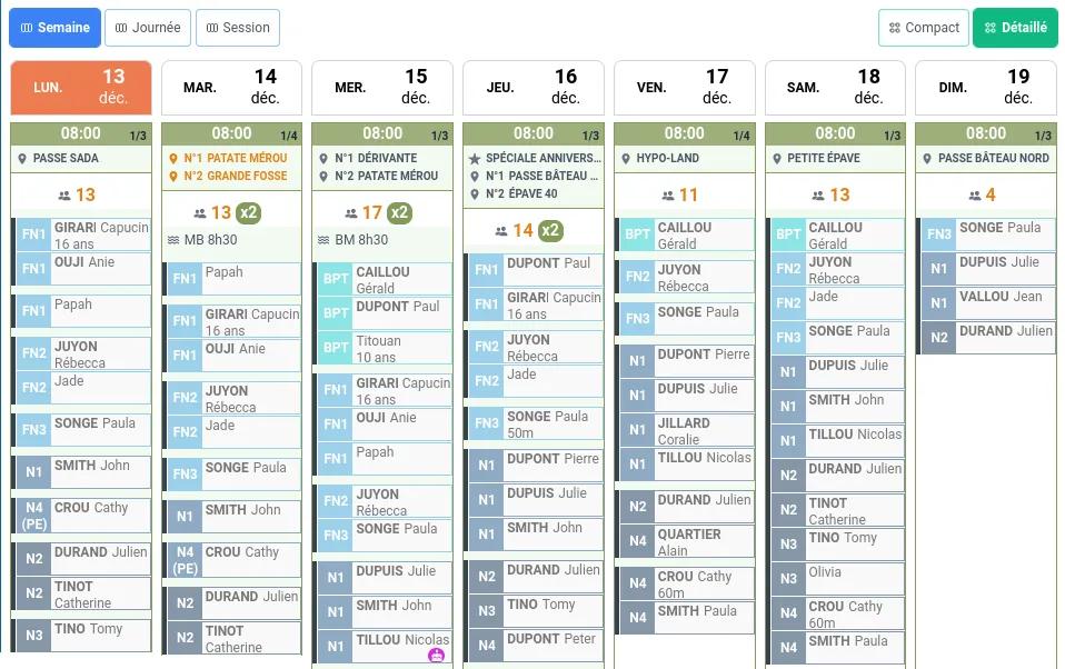 Copie d'écran de la page du planning en mode détaillé